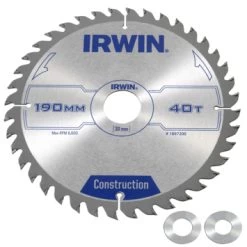 Irwin Cirkelzaagblad Ø190 Mm. Inclusief Reduceerringen Waardoor Geschikt Voor Asgat 16, 20 En 30 Mm, Vertanding 40T