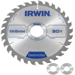 Irwin Cirkelzaagblad Ø165 Mm. Inclusief Reduceerringen Waardoor Geschikt Voor Asgat 16, 20 En 30 Mm, Vertanding 30T